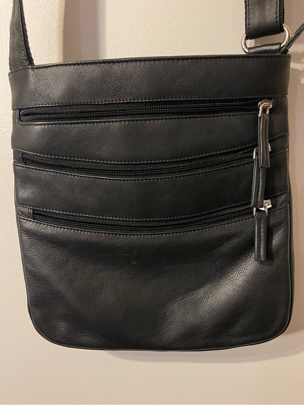 Black Genuine Leather Multi Pocket Crossbody Bag Organizer Purse OS